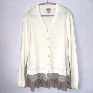 LOGO Tunic Cardigan Top Ivory Beige Lace Trim Boho Romantic Long Sleeve Small